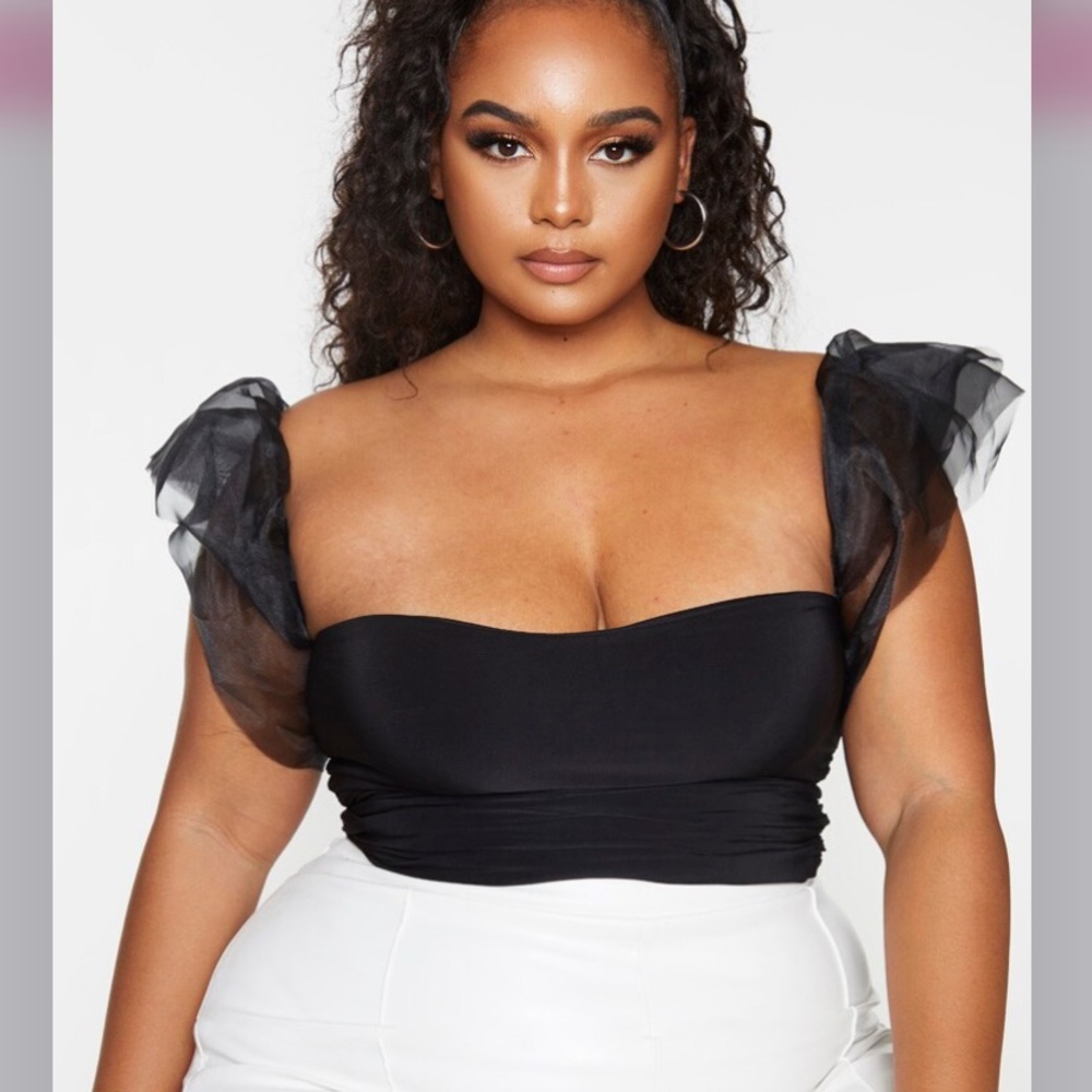 PLT Organza Sleeve Slinky Ruched Bodysuit
